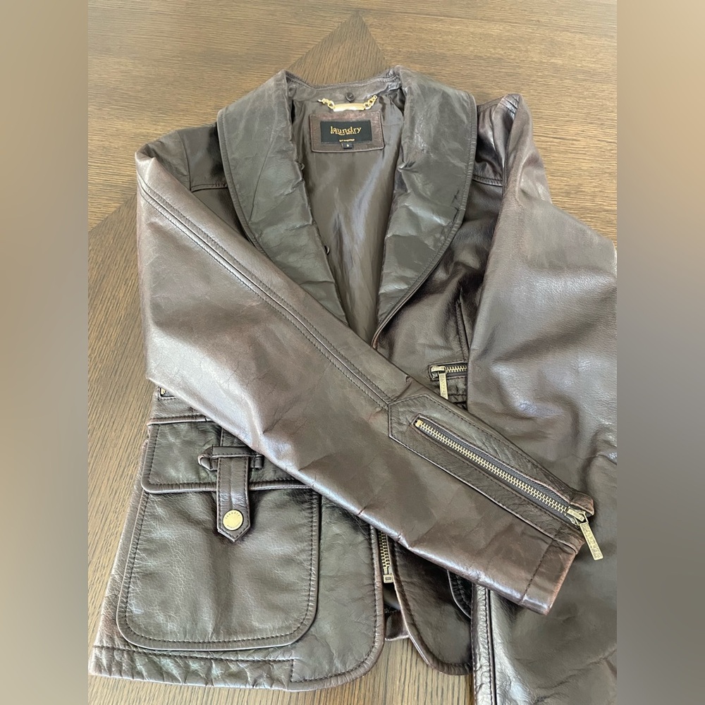 Laundry by Shelli Segal, Brown Leather Jacket with Detachable Fur Collar - Picture 13 of 14